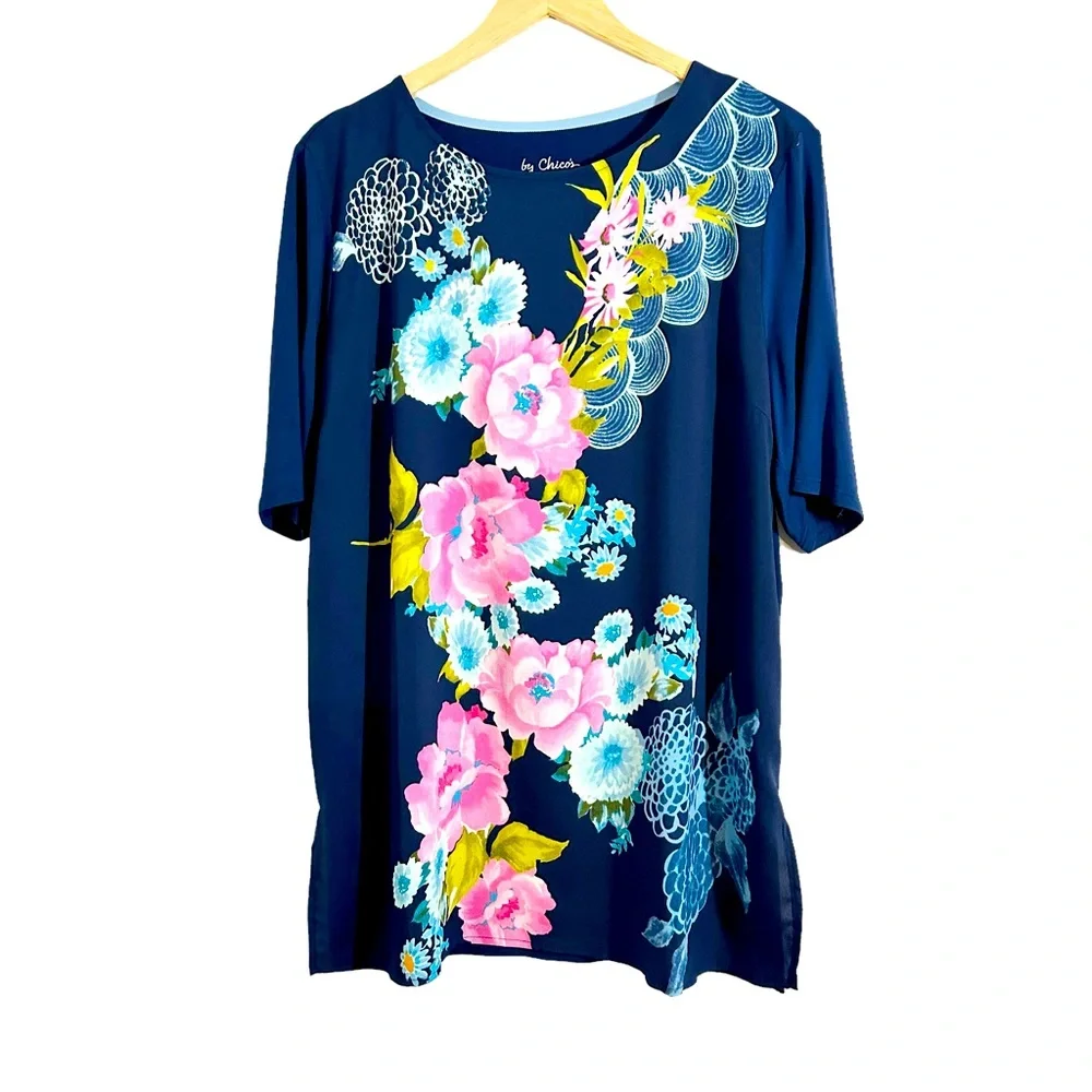 Chico’s Blue Multicolor Floral Garden Party Tunic, Size 2 Medium